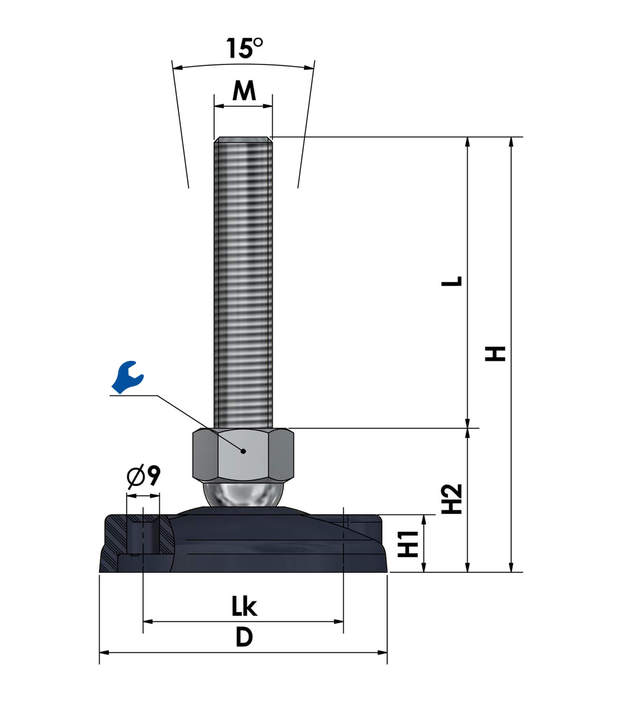 adjustable foot, machine foot for floor mounting plastic/steel chrome-plated KFB 80 sketch