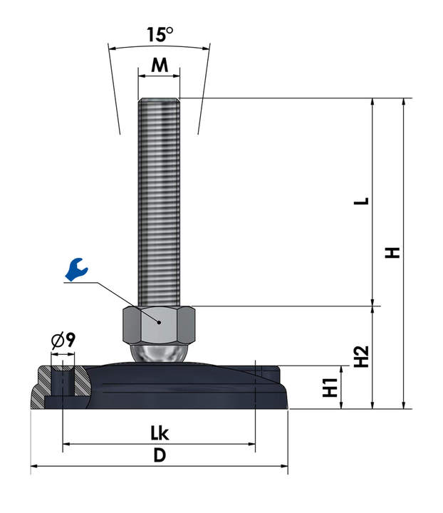 adjustable foot, machine foot for floor mounting plastic/steel chrome-plated KFB 100 sketch