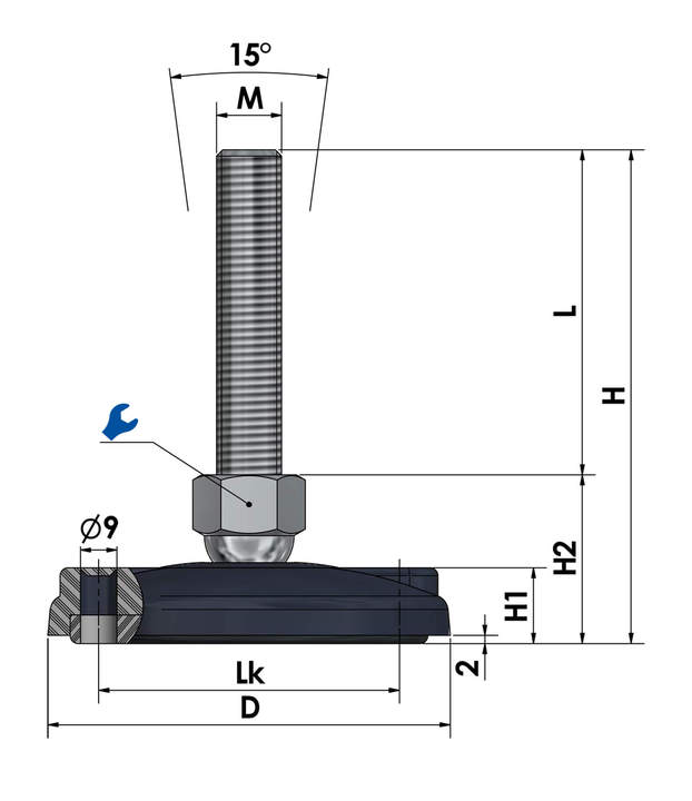 Pie de máquina - pie ajustable KFB 100 N plástico / acero galvanizado para montaje en el suelo dibujo
