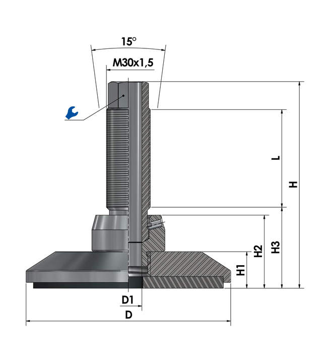 Pie de máquina - pie de nivelación con tornillo hueco JCMHD130C-S12-HSD110 dibujo