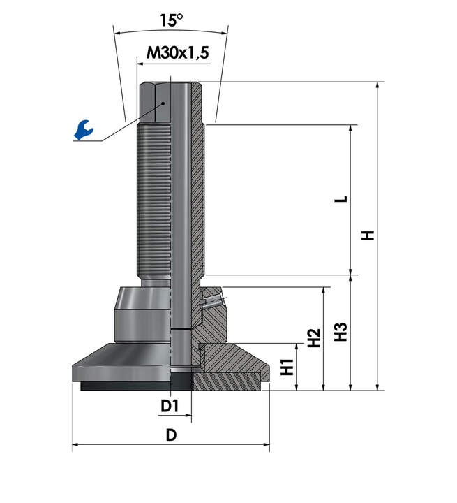 Pie de máquina - pie de nivelación JCMHD 80C-S6-HSD180 acero cromado dibujo