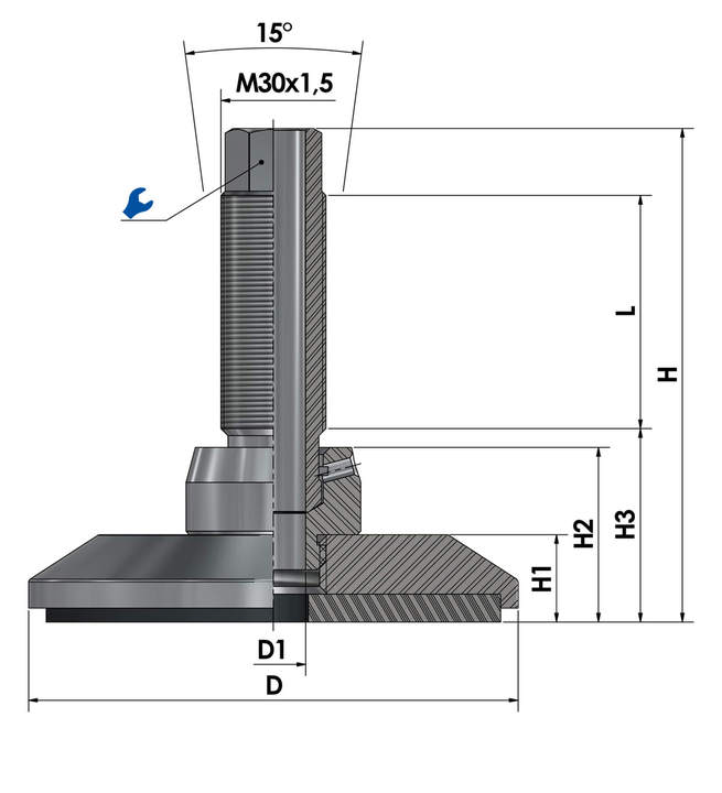 Pie de máquina - pie de nivelación JCMHD 130C-S6-HSD180 acero cromado dibujo