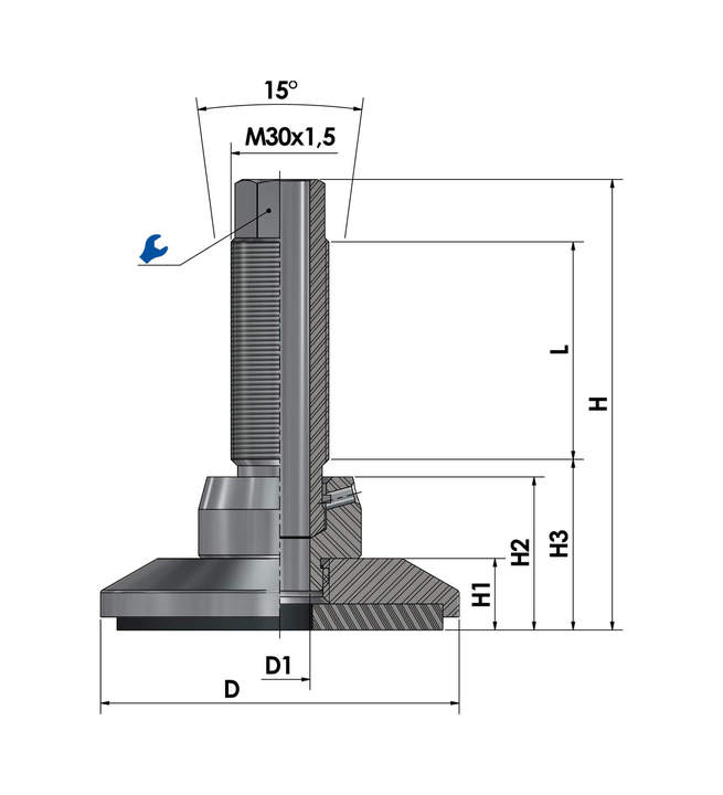 Pie de máquina - pie de nivelación JCMHD 100C-S12-HSD180 acero cromado dibujo