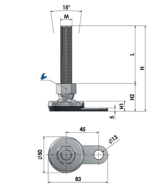 Machine foot / adjustable foot / vibration damper SFL 50 for floor-mounting steel chrome-plated sketch
