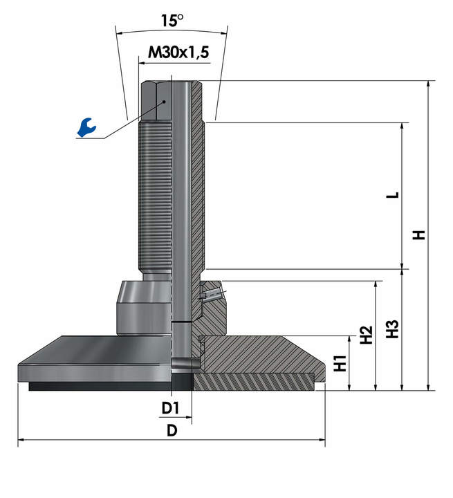 Levelling foot / adjustable foot JCMHD 130C-S6-HSD70 sketch
