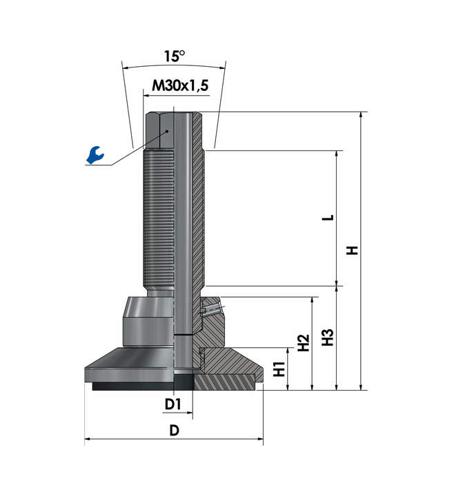 Pied ajustable - pied de nivellement JCMHD 80C-S12-HSD70 avec plaque d'amortissement, croquis