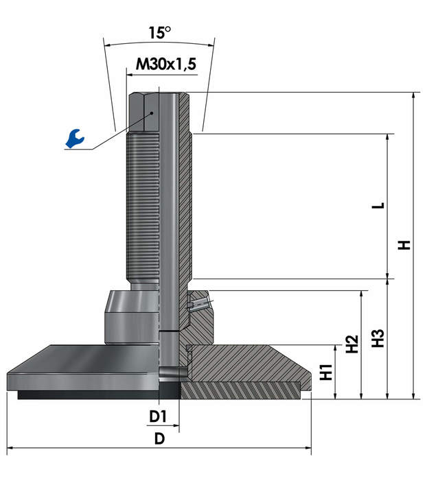Pie de máquina - pie de nivelación JCMHD 130C-ST-HSD70 acero cromado dibujo